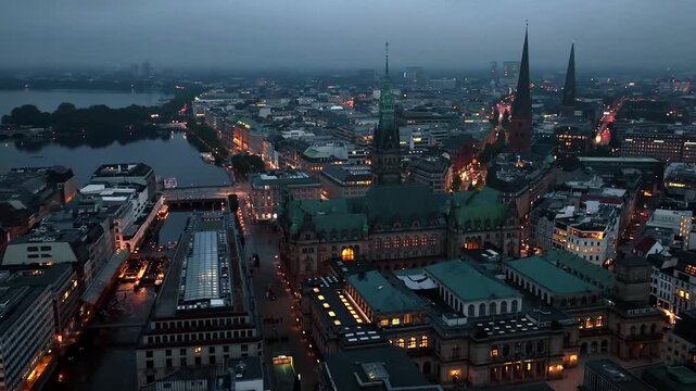 Cinematic aerial drone footage of Hamburg, showcasing its iconic harbor, modern skyline, canals, and historic architecture.