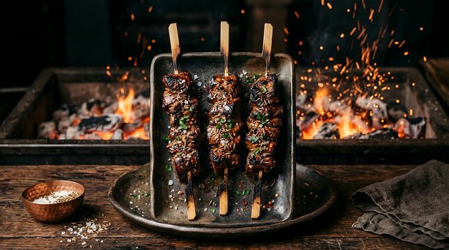 Grilled Liver Kebda Skewers with Cumin and Sparks on Charcoal