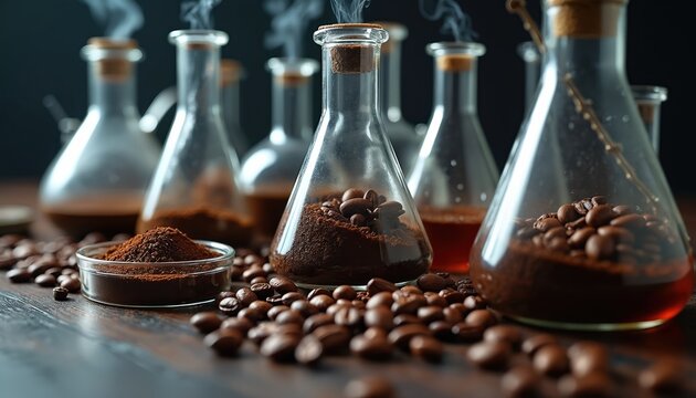 Coffee beans and grounds in lab flasks with steam rising. Scientists analyze aroma, taste, quality. Beverage research, dark roastery, liquid extraction process.