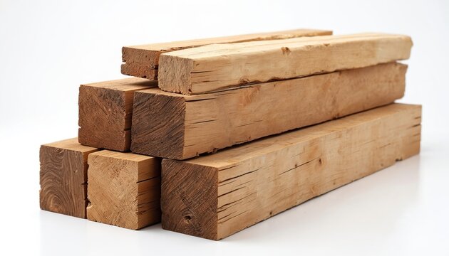 Stack of raw lumber 2x4 wood boards. Natural pine timber pieces for construction carpentry DIY projects. Building materials ready for workshop use.