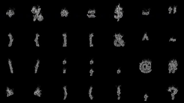 Smoking punctuation symbols collection with realistic white smoke. Abstract animated special characters for typography, titles, overlays and motion graphics. Seamless loop in 4K, alpha channel.