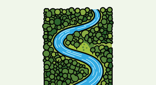 Overhead view of a winding river flowing through a dense forest