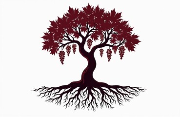 Fototapeta premium Decorative grapevine tree silhouette with roots and hanging bunches of dark red fruit. Leaves are broad and distinct against white backdrop. Elegant vine illustration.