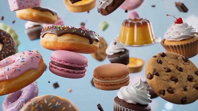Colorful Floating Desserts in Cinematic Slow Motion on Blue Background