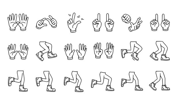 Modern cartoon limb icons collection with glove hands and sneaker legs actions black and white vector