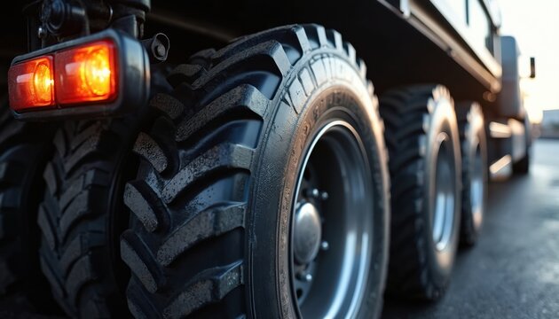 Closeup on massive truck tires with glowing brake lights. Heavy duty vehicle moves on road, large wheels show tread detail. Powerful engine powers cargo transport.