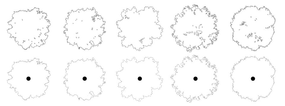 Set of trees in plan view for use in architectural drawings - isolated on transparent background