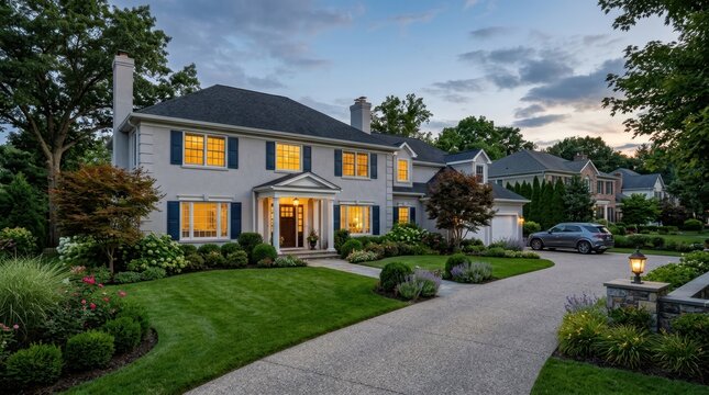 Elegant suburban home with manicured landscaping and a paved driveway at dusk