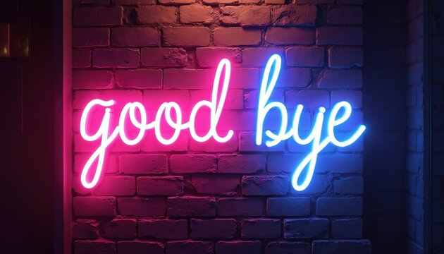 Neon sign with words good bye glows on brick wall. Bright pink and blue lights illuminate text. Retro style decor for bar, club, or party. Farewell message in electric font.