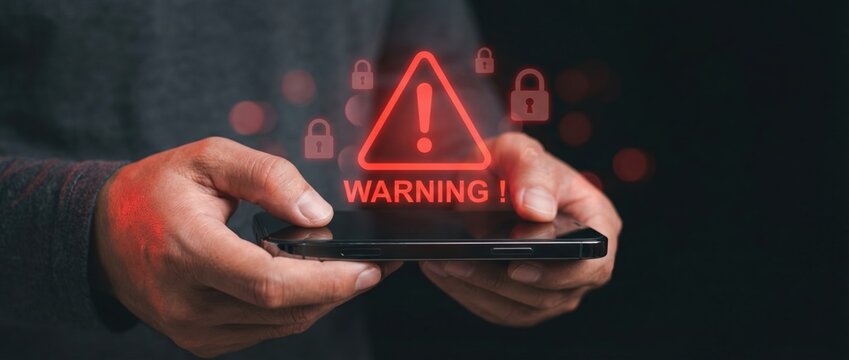 Urgent security alert for mobile device users digital environment graphic content risk awareness close-up viewpoint cybersecurity reminder
