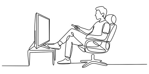 Fototapeta premium Continuous line drawing of a relaxed man sitting in a chair and watching television at his home