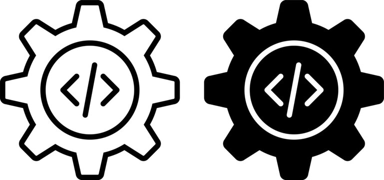 Contrasting gear icons with code symbols representing software development and programming.