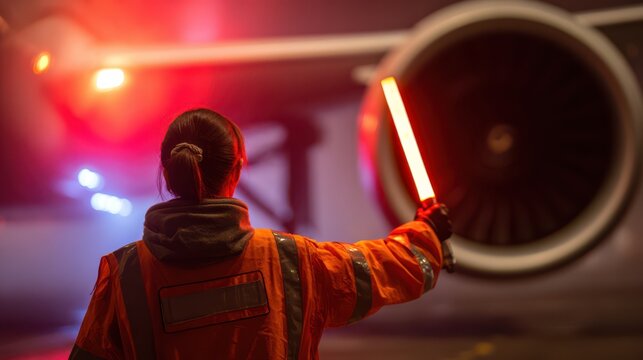 Ground crew use lights to guide planes