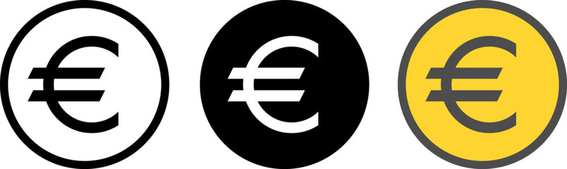 Obraz premium Euro Currency Symbol Icon Set in Outline, Solid Black, and Yellow Coin Styles
