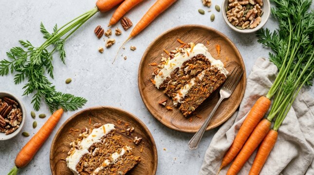 Delicious slices of carrot cake with cream cheese frosting and nuts on wooden plates