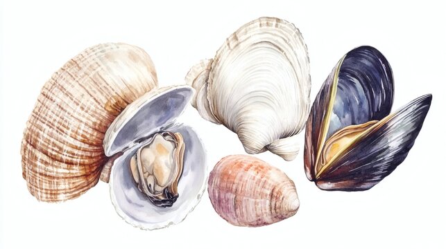 Watercolor illustration of assorted seashells and mussel on white background, delicate textures and natural colors