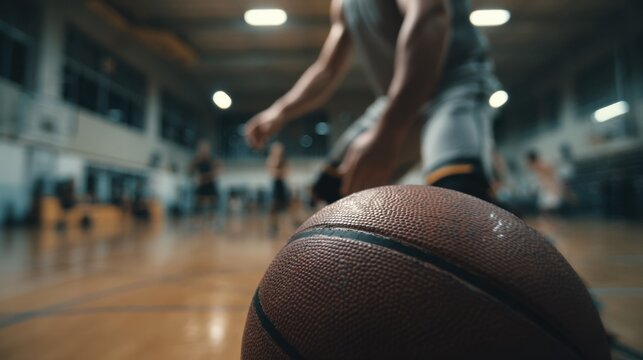 Focused shot of a basketball player middribble on an open indoor court with blurred walls and distant players.