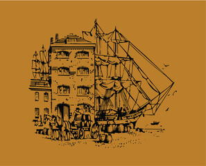 Vintage Maritime Harbor Sketch with Tall Sailing Ship and Historic Waterfront Building © SHAMSUL