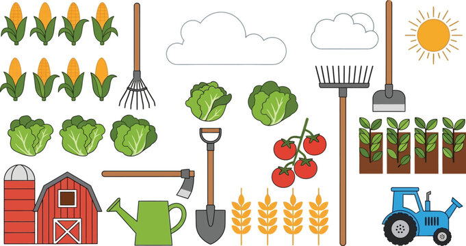 Farm elements include ripe corn, vegetables, barn structures,.