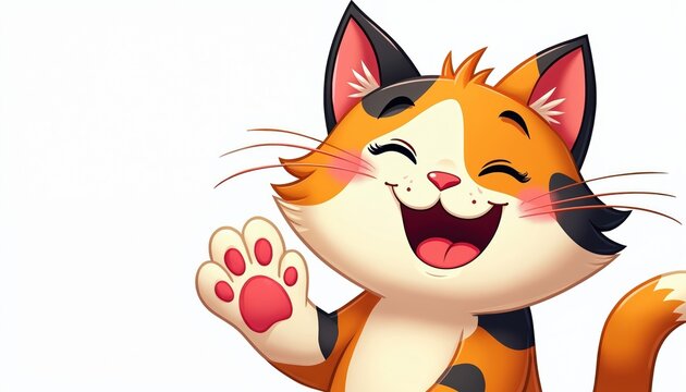 Cartoon calico cat waves hello with closed eyes and wide smile. Its pink paw pads show clearly. This playful animal has orange black and white fur and expresses pure joy and happiness.
