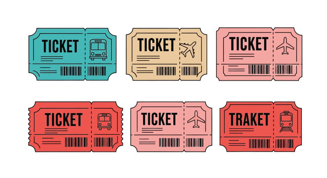 Colorful collection of travel tickets featuring various transportation icons