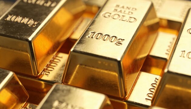 Shining 1000g gold bar resting among stacked bars reflecting vault light and bearing 1000g stamp