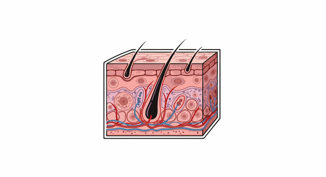 Microscopic view of skin layers with hair follicles and blood vessels