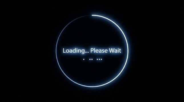 Blue neon loading circle with text on black background light