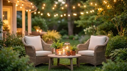 Obraz premium Cozy backyard patio seating area with string lights and lanterns at dusk