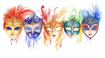 Obraz premium Watercolor art of eight ornate carnival masks in bright jewel tones with feathers and gold filigree, arranged in two rows on white background.