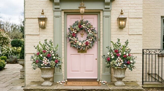 Charming Easter decorated front door with floral wreath and potted arrangements
