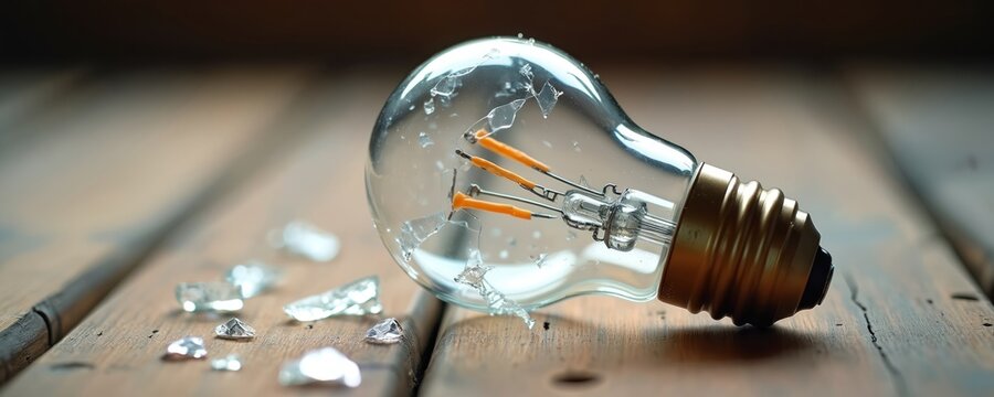 Broken incandescent light bulb lies on wood surface with scattered glass shards. Symbolizes failed ideas, energy loss, or financial ruin. Represents fragility and concept of bad luck.