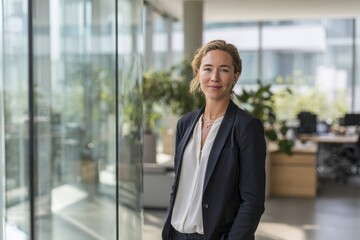 Fototapeta premium Executive presence: woman in tailored suit at the office entrance