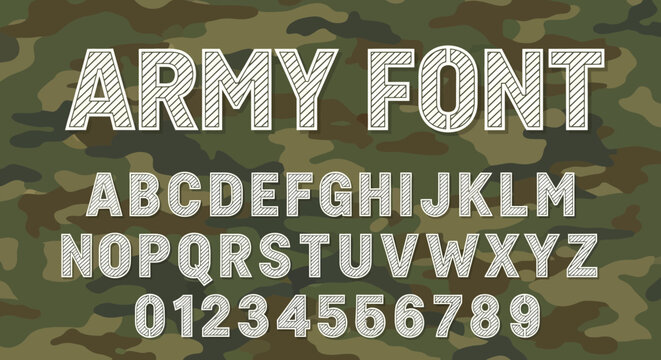 Army Stencil Font Alphabet and Numbers Set with Diagonal Line Texture on Camouflage Background, Military Typography for Tactical Design