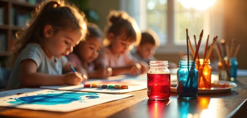 Fototapeta premium Children paint pictures with watercolors at a sunlit table. Kids focus on art, using brushes and colorful paints for creative expression. Learning, fun, and imagination.