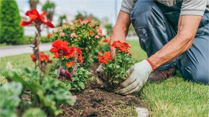 Fototapeta premium Gardener planting red flower in soil. Professional landscaper working in garden. Seasonal horticulture, environmental care and outdoor labor concept for landscape design project.
