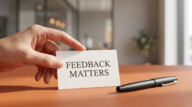 Hand holding a card that says feedback matters next to a pen