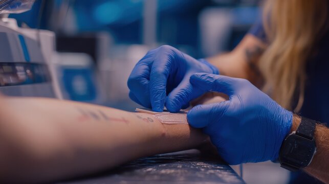 Nurse adjusts a patch sensor on a patients arm while syncing it to a health station emphasizing the device with a blurred clinic setting.