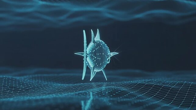 digital ocean environment with glowing particles forming data points around tuna silhouette for modern conservation perfect for world tuna day