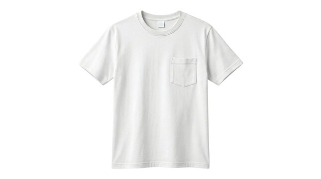 Simple white t-shirt with a pocket on the chest, short sleeves, and a crew neck, presented on a clean white background, perfect for casual wear and personalization
