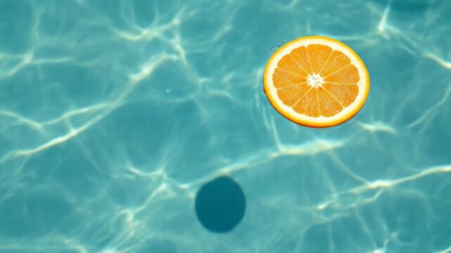 A vibrant orange slice floats in clear blue pool water.