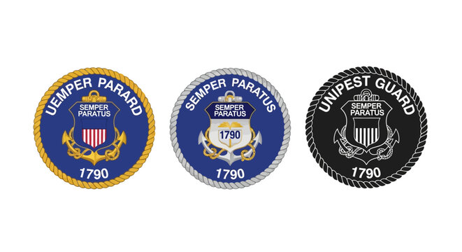 Set of United States Coast Guard Inspired Nautical Emblems and Military Seals with Anchors and Shields