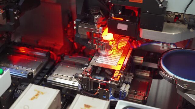 Soldering robot efficiently connects components on printed circuit boards. Precise automated soldering system with glowing joints and synchronized conveyor movement on printed circuit boards
