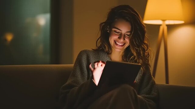 Woman sitting on couch smiling while using tablet at night
