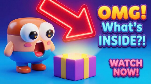 Cute 3D character looks shocked at a glowing purple present. Vibrant neon elements create curiosity and excitement. Ideal for digital marketing, social media, and video thumbnails.