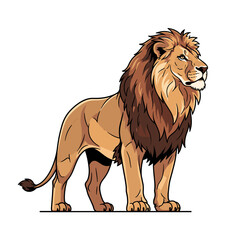 Obraz premium A majestic male lion with a flowing brown mane stands proudly in a detailed, stylized illustration, showcasing its powerful form and regal presence.