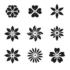 Fototapeta premium Collection of nine black floral silhouette icons with varied petal shapes, arranged in a neat grid. Minimal botanical vector set for logos, decals, branding, and decorative design.