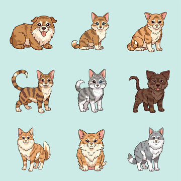 A charming collection of nine adorable cartoon illustrations featuring various breeds of dogs and cats, each with a unique personality and distinct markings.