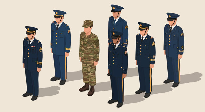 Isometric Soldiers in Formal Blue Dress Uniforms and Camouflage Fatigues Standing in Formation, Military Personnel Illustration for Recruitment and Veterans Day