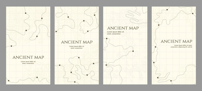 Vector illustration. A set of vertical backgrounds of ancient topographic maps with contour lines, grid, and dotted treasure paths. Elegant beige aesthetic design for stories, flyers, leaflets.